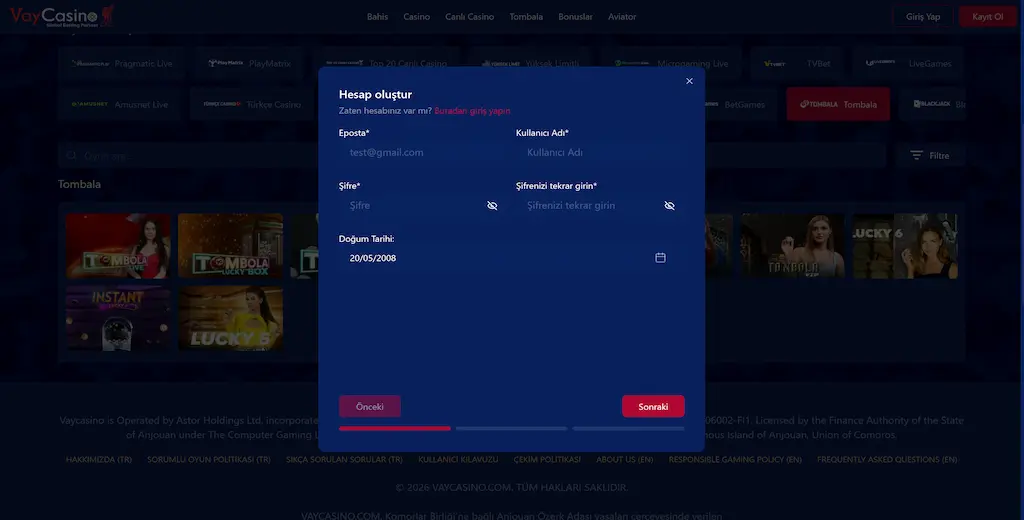 Vaycasino kayıt